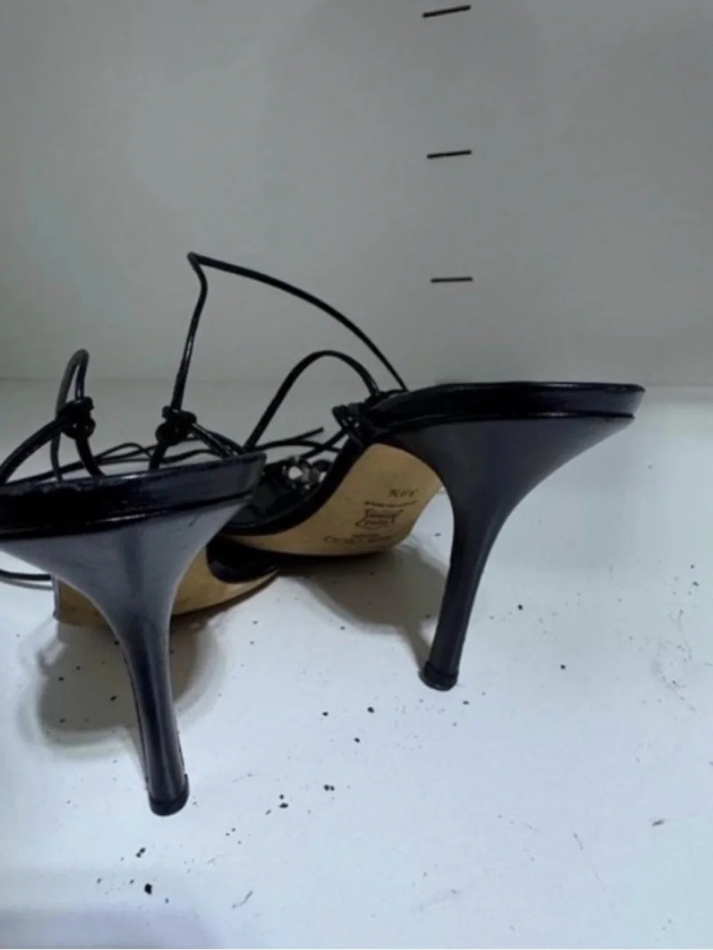 Jimmy Choo Black Leather Crystal-Link Strappy Heels